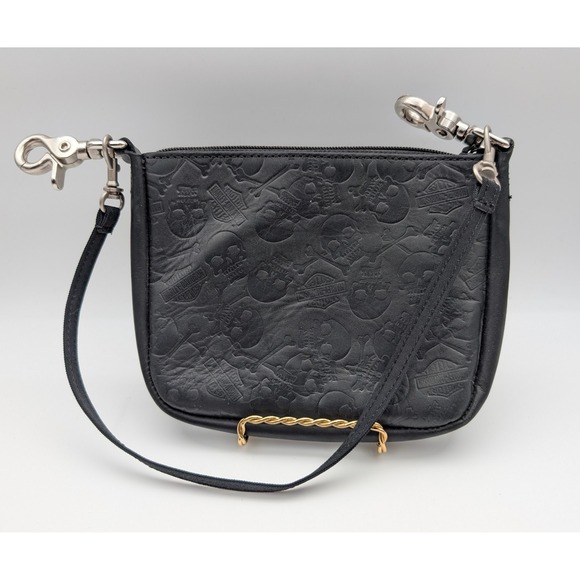 Harley-Davidson Skull Embossed Black Leather Wristlet/Clutch Biker Bag Purse - Picture 1 of 4